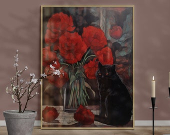 Black Cat and Red Peonies | Digital Wall Art Print | Gothic Room Decor