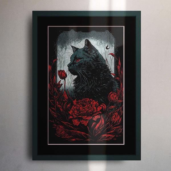 Gothic Black Cat with Red Flowers | Digital Wall Art Print | Printable