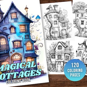 120 Magical Cottages Coloring Book, Instant Download, Printable PDF, Grayscale Coloring Page, houses, fairy homes, magical cottages