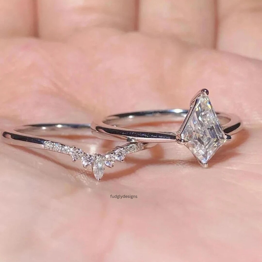 Kite Cut Moissanite Engagement Ring Set in Solid White Gold With ...
