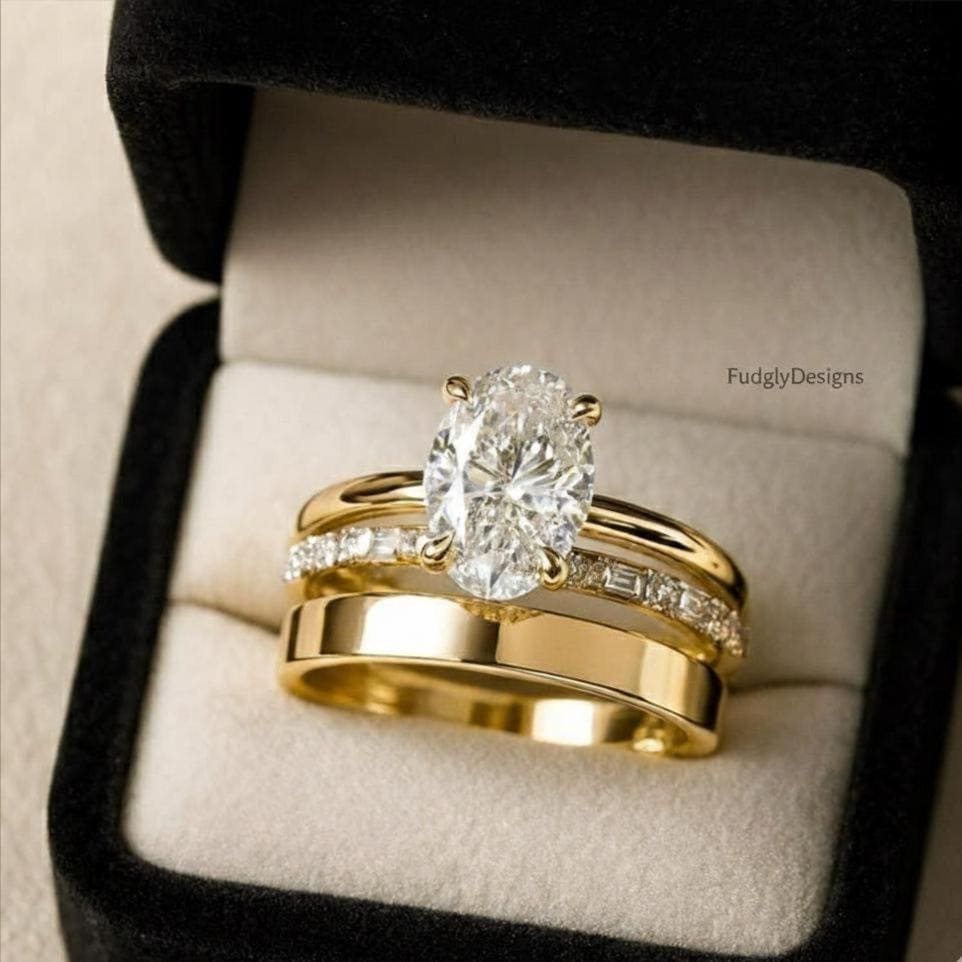 Oval Cut Moissanite Engagement Ring Set Solid Yellow Gold Solitaire ...