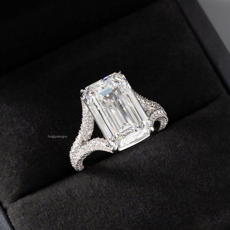 Emerald Cut Moissanite Engagement Ring Pave Split Shank Band Luxury ...