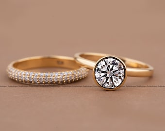 Round Bezel Set Moissanite Bridal Ring Set Two Ring Wedding Set Round Solitaire Engagement Ring Solid Gold Stackable Bridal Set Gift for Her