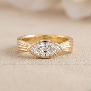 East West Marquise Bezel Set Ring in Solid Gold, Modern Solitaire Engagement Ring, Unique Statement Wedding Anniversary Gift for Women