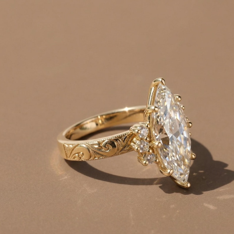 Inconspicuous Rings 2.4 CT Marquise Cut Moissanite Diamond Ring Vintage Engagement Rings ...