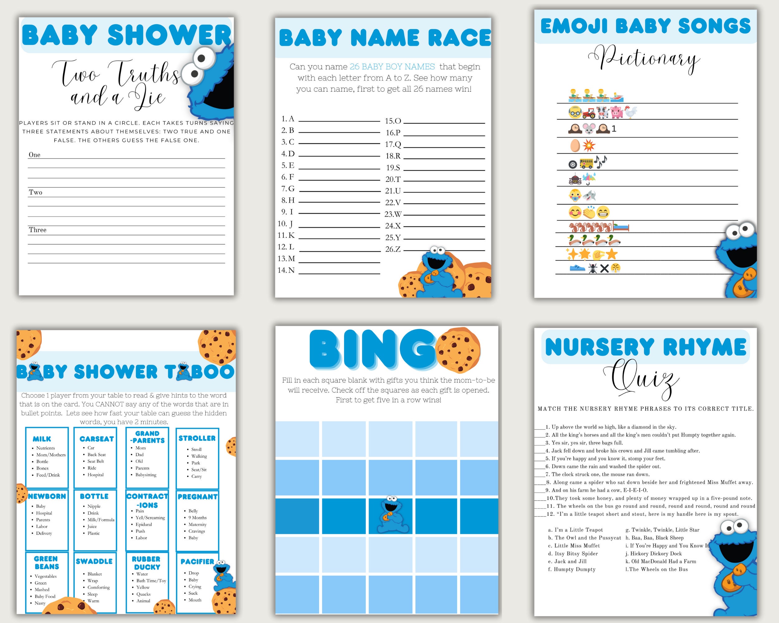 Cookie Monster Baby Shower Game Activities Bundle, Party Games
