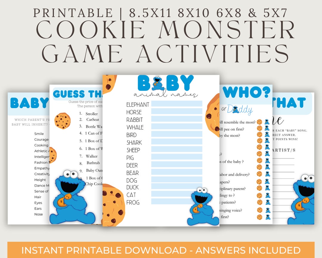 Cookie Monster Baby Shower Game Activities Bundle, Party Games