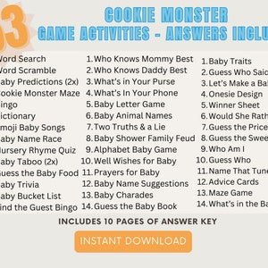 Cookie Monster Baby Shower Game Activities Bundle, Party Games ...