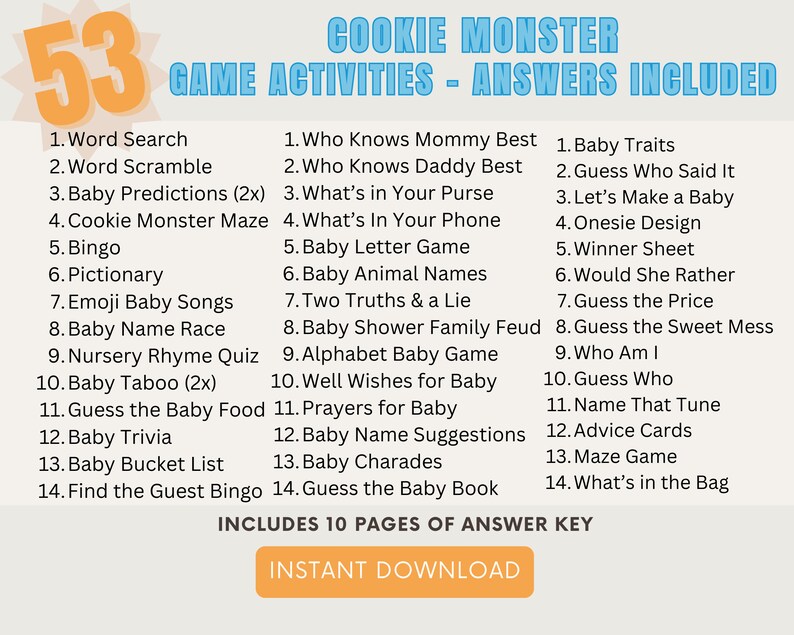 Cookie Monster Baby Shower Game Activities Bundle, Party Games