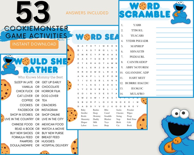 Cookie Monster Baby Shower Game Activities Bundle, Party Games