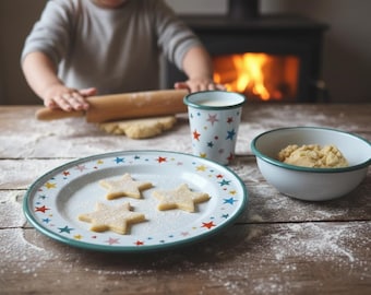 Starry Set – Sage | Enamel Bowl, Plate & Tumbler Set, Plastic-Free Tableware
