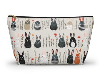 Boho chic Bunny Rabbit Accessory Pouch w T-bottom. Zipper pouch. Cute pouch. Coin bag. Makeup bag. Travel pouch. Easter Gift.
