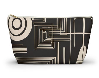 Bauhaus Meet Mid Modern Accessory Pouch w T-bottom. Bold Pattern Pouch. Black and White Pouch.