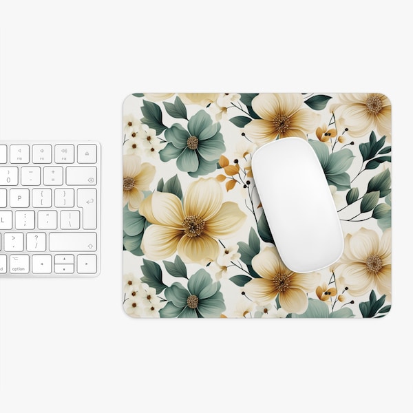 Boho chic emerald wild floral Mouse Pad. Nature calming office desk accessories. Round, Rectangle Mouse Pad. Secretary accessories.