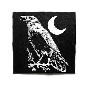 Crow Moon Punk Sew On Patch – Horror, Crust Punk, Folk, Goth, Battle Jacket Patches for Jackets & Bags – Screen Printed DIY Accessory