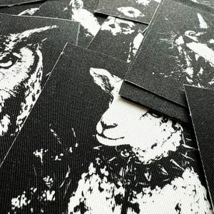 Puede incluir: Un conjunto de parches de tela en blanco y negro con ilustraciones de animales. Los parches presentan im&aacute;genes de una oveja, un b&uacute;ho y otros dise&ntilde;os. La tela tiene un aspecto texturizado y las im&aacute;genes est&aacute;n impresas en alto contraste.
