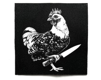 Huhn hält Messer Aufnäher zum aufnähen - lustige Punk, Kawaii Goth, Weirdcore, Crust Punk, Gothic, Gothic Jacke Aufnäher für Jacken & Taschen