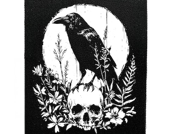 Patch à coudre corbeau sur la tête de mort - Crust Punk, Cottagecore sombre, Weirdcore, Funny, écussons de veste de combat Goblincore