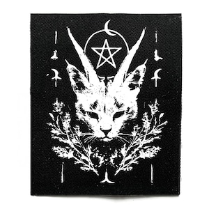 Occult Baphomet Cat Sew On Patch – Dark Cottagecore, Witchcraft, Goth, Battle Jacket Patches for Jackets & Bags – Printed DIY Accessory