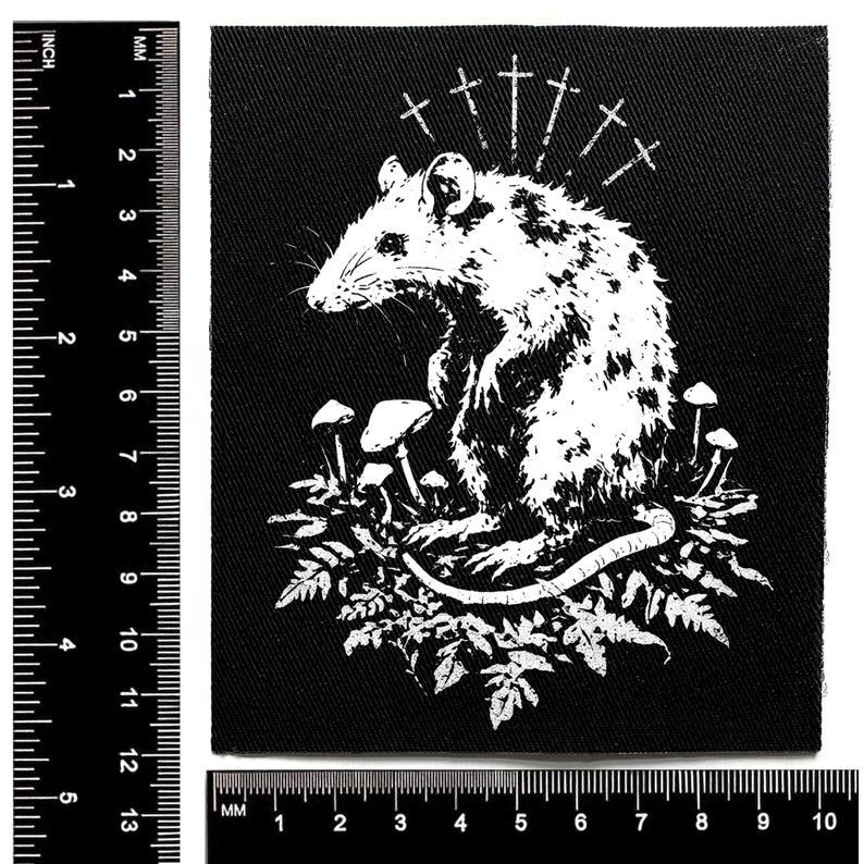 May include: Black square patch featuring a white illustration of a rat surrounded by mushrooms and foliage. Above the rat are several crosses. The patch measures approximately 4 inches by 4 inches.