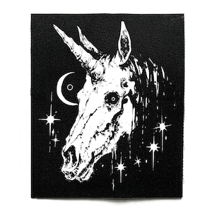 Horror Zombie Unicorn Sew On Patch – Occult, Witchcraft, Goth, Battle Jacket Patches for Jackets & Bags – Screen Printed DIY Accessory