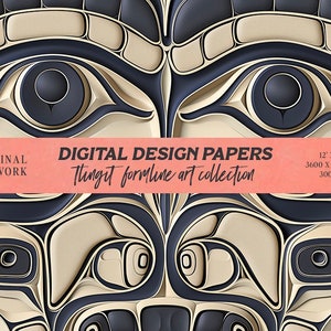 May include: Digital design papers featuring a Tlingit formline art collection. The artwork is a black and white design with a cream background. The design is a stylized face with two large eyes. The text "ORIGINAL ARTWORK" and "DIGITAL DESIGN PAPERS Tlingit formline art collection" is at the top of the image. The text "12' X 12' 3600 X 3600 px 300 dpi" is at the bottom of the image.
