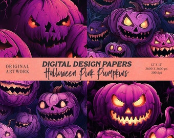 Halloween Pumpkins Digital Paper, Pink Pumpkins Scrapbook Papers, Seamless Pattern, Digital Background, Printable Paper Set Halloween Art