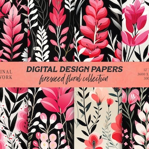 Peut inclure: Ensemble de quatre motifs floraux numériques avec des fleurs roses et blanches sur un fond noir et crème. Les motifs mesurent 12 pouces sur 12 pouces et 3600 pixels sur 3600 pixels à 300 dpi. "Fireweed floral collection" est écrit sur l'image.