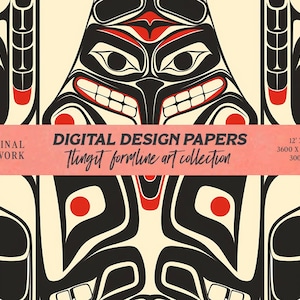 May include: A digital design paper featuring a black and white pattern with red accents. The pattern is inspired by traditional Northwest Coast Indigenous art. The text "Digital Design Papers Thingit formline art collection 12' x 12' 3600 x 3600 px. 300 dpi" is displayed on a pink banner.