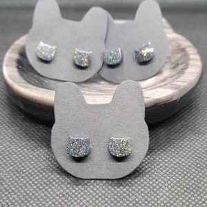 Resin Cat Head Stud Earrings - Glitter Black