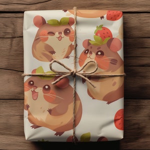 Cute hamsters gift wrap kawaii hamster and strawberries wrapping paper charming animal shower curtain, for kids, for families,