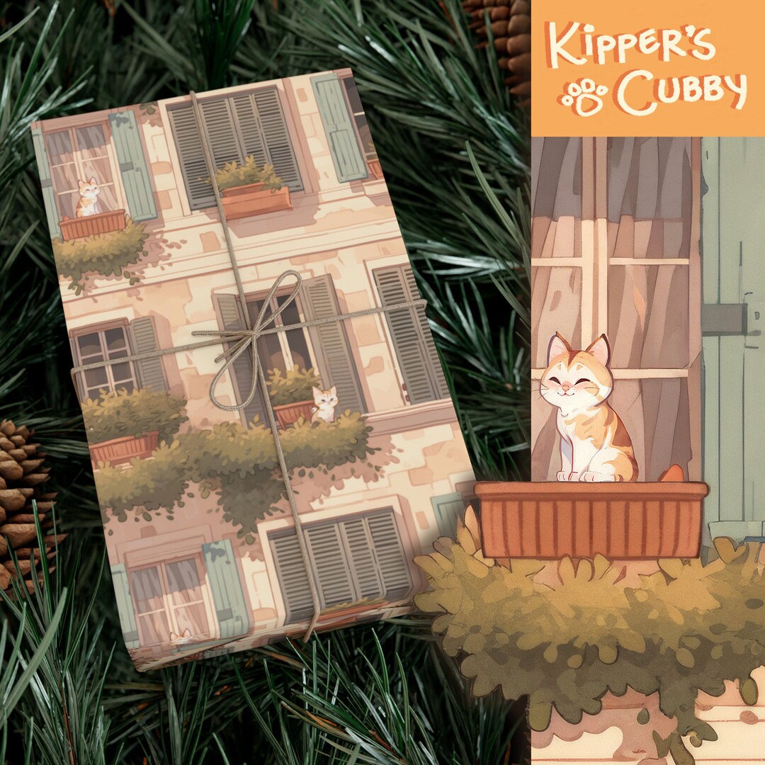 Wrapping Paper Building Cute Building Facade Gift Wrap Paper Children's Birthday Cats on a ...