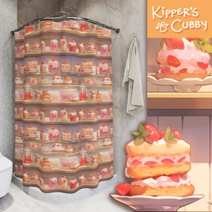 Cute Shower Curtain cakes on shelf, cute bathroom curtain with pink strawberry cakes anime kawaii home décor
