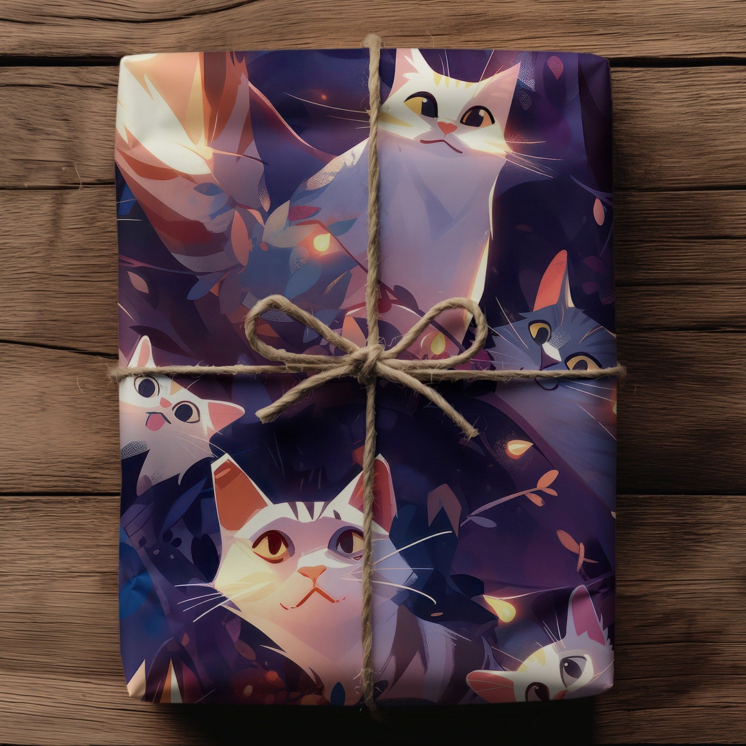 Cute Cat Party Gift Wrap Kitty String Lights Gift Paper, Kitty Cat, Cat ...