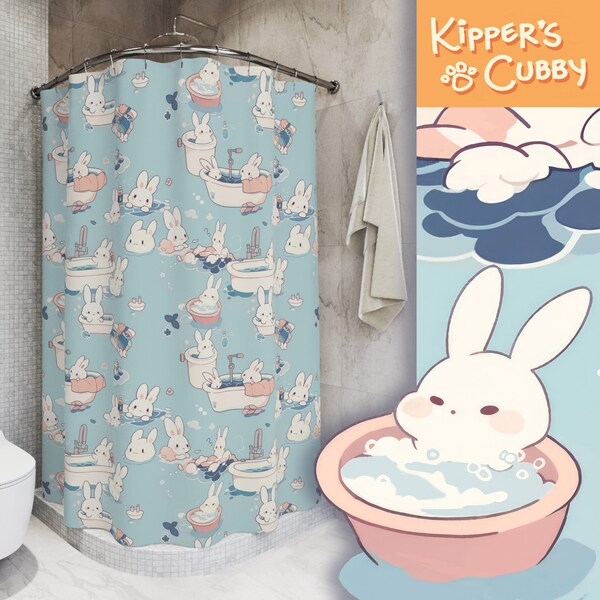 Cute Bunny Shower curtain Adorable Cute Animals Bunnies in Bathtubs Nursery bathroom décor cute animal pattern kawaii happy rabbits