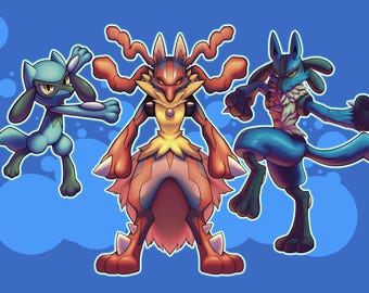 Nintendo Pokemon Lucario, Riolu, Mega Lucario Waterproof Laminated Vinyl Sticker Set