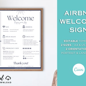 Airbnb Welcome Signage, Edytowalny plakat do druku, Znak hasła Wi-Fi, Zasady domu, Wynajem wakacyjny, Instrukcja wymeldowania, Szablon Canva