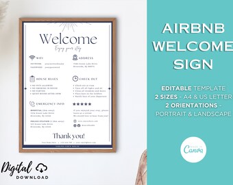 Airbnb Welcome Signage, Editable Printable Poster, Wifi Password Sign, House Rules, Vacation Rental, Check Out Instruction, Canva Template