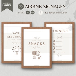 Pacchetto di cartelli Airbnb, cartelli di benvenuto Airbnb, segnaletica VRBO, host STR, manuale delle regole della casa, revisione della valutazione, Wifi, modello Canva modificabile stampabile