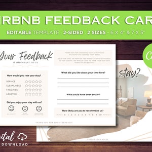 Airbnb Feedback Postcard, Editable Note Card, Airbnb Guest Rating Review Form, Welcome Sign, Thank You Card, VRBO, STR Host, Canva Template