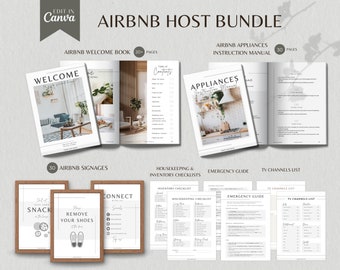 May include: A digital bundle for Airbnb hosts, including a welcome book, appliance instruction manual, sign templates, housekeeping and inventory checklists, an emergency guide, and a TV channel list. The bundle features a modern, minimalist design with a gray and white color scheme.