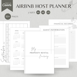 Pode incluir: Um conjunto de páginas de papel branco com texto e gráficos, incluindo um calendário, registros financeiros e informações de hóspedes. O texto "AIRBNB HOST PLANNER" está no topo, com "EDIT IN Canva" e "50+ PAGES" também visíveis. O planejador está disponível nos tamanhos A4, A5 e US.