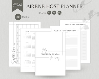 May include: A collection of white paper pages with text and graphics, including a calendar, financial records, and guest information. The text "AIRBNB HOST PLANNER" is at the top, with "EDIT IN Canva" and "50+ PAGES" also visible. The planner is available in A4, A5, and US sizes.