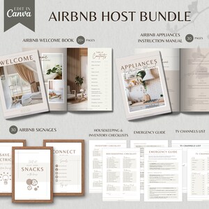 May include: An Airbnb Host Bundle with a welcome book, appliance instruction manual, and 30 signages. The welcome book has 20+ pages. The instruction manual has 30 pages. The signages include "Save Electric", "Snacks", and "Connect".