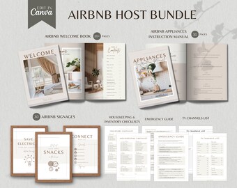May include: An Airbnb Host Bundle with a welcome book, appliance instruction manual, and 30 signages. The welcome book has 20+ pages. The instruction manual has 30 pages. The signages include "Save Electric", "Snacks", and "Connect".