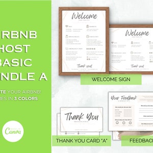 May include: An Airbnb host basic bundle featuring a welcome sign, thank you card, and feedback card. The welcome sign is in a wooden frame with gold accents. The thank you card and feedback card are also included.