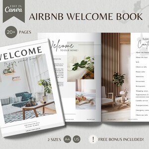 Peut inclure: Un livret de bienvenue Airbnb au design minimaliste. La couverture indique "WELCOME" et "to your second home". À l'intérieur, le livre présente des photos de design d'intérieur et une table des matières. Le livre est disponible en deux formats, A4 et US letter.