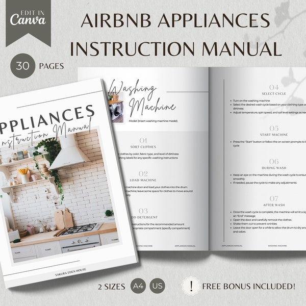Manuale di istruzioni di Airbnb, Guida agli elettrodomestici, Libro di benvenuto, Manuale per gli ospiti delle case vacanze, Informazioni STR, Modello Canva modificabile e stampabile