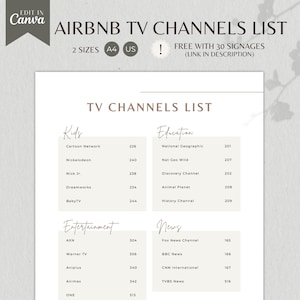 Airbnb TV Channels List, Cable TV Movie Show Tracker, Program Organization Guide, Entertainment Checklist, Printable Editable Canva Template