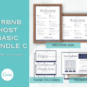 May include: An Airbnb host basic bundle C, including a welcome sign, thank you cards, and a feedback card. The welcome sign is in a wooden frame. The text "Elevate Your Airbnb!" is also visible.